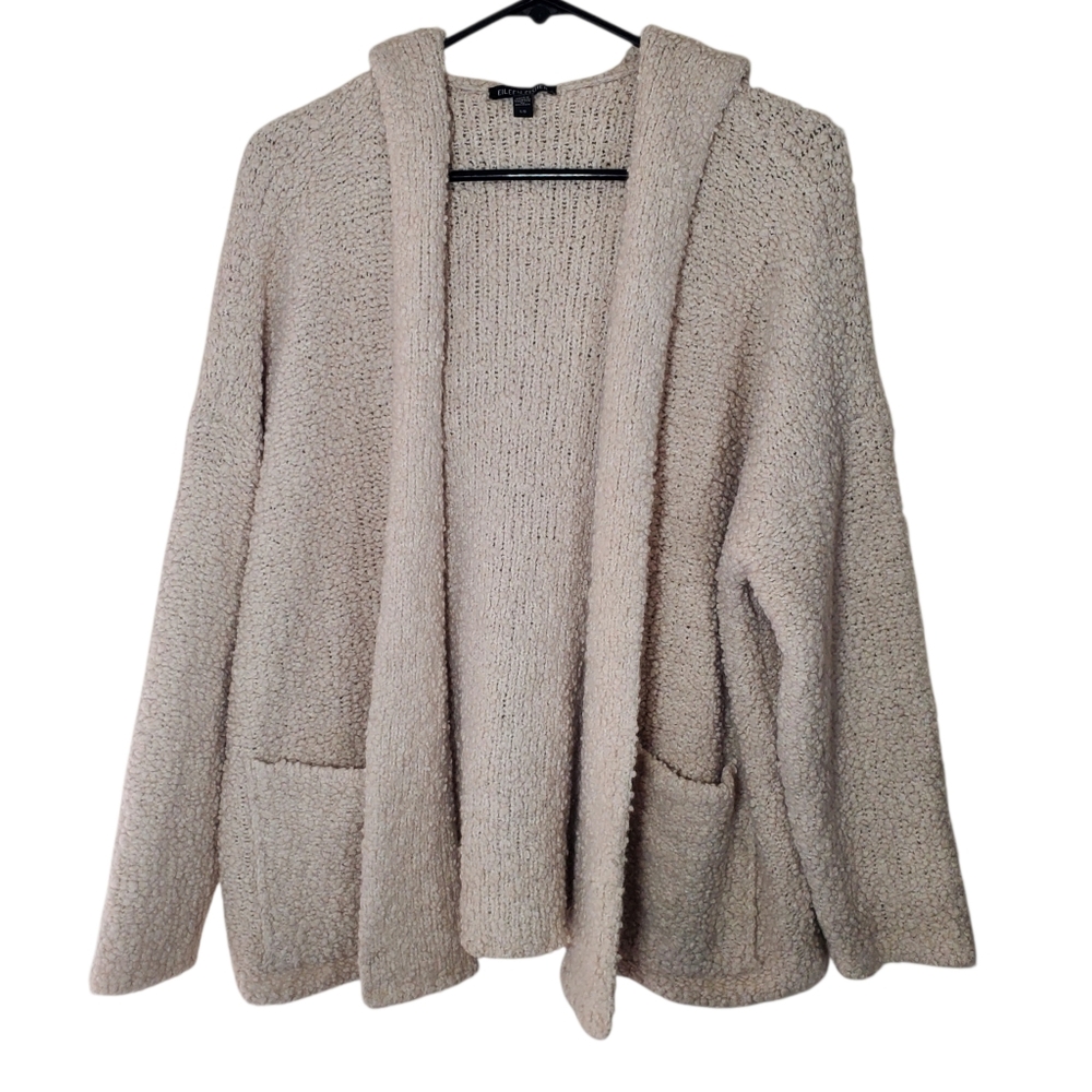 Eileen Fisher Wool Blend Hooded Boxy Drop Shoulder Oversized Knit Cardigan Cream